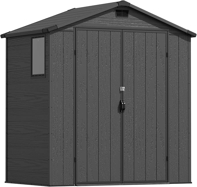 Devoko 6x4 FT Resin Storage Shed with Floor, Outdoor Plastic Garden Shed with Window, Waterproof Tool Storage Shed with Lockable Door for Patio, Garden, Backyard, Dark Gray