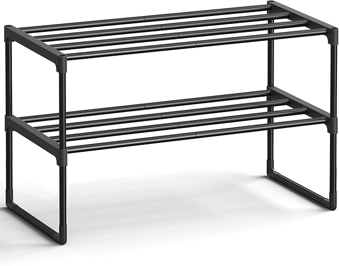 SONGMICS Shoe Rack, 2-Tier Shoe Organizer, Metal Storage Shelf, Upright or Upside Down, for 6-9 Pairs, Stackable, for Entryway, 11.8 x 26.8 x 13.2 Inches, Black ULSA202B01