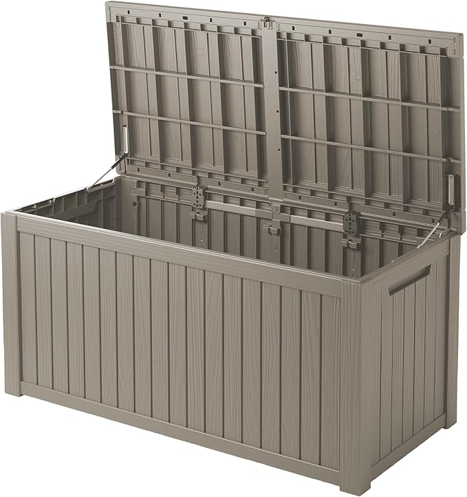 Outdoor Storage Box 180 Gallon Waterproof, Large Lockable Resin Deck Box Patio Storage Bin for Pool Accessories Cushion Furniture, Garden Tools, UV-Resistant Outside Delivery, Grey