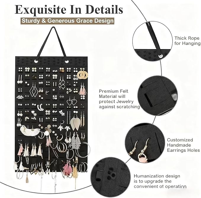 Hanging Earrings Organizer & Holder 20 Hooks, Holds Up To 300 Pairs, Compact Design, Soft Material, Earring Hanger & Display for Women & Girls,1 Pack (Black, 22.5 * 13.6 inches)