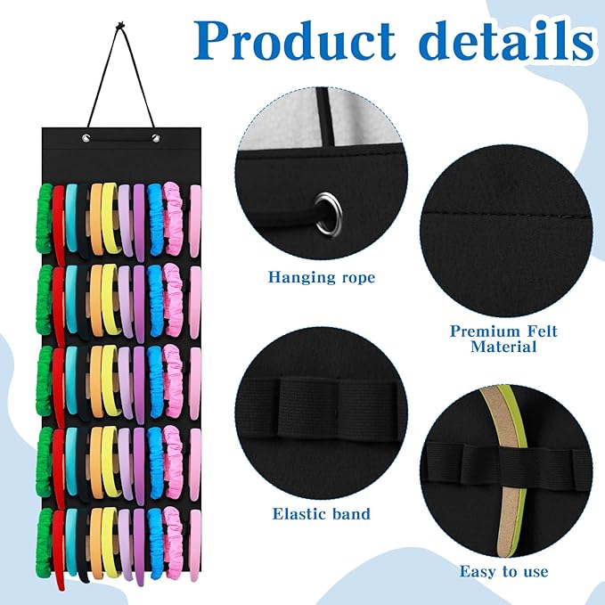 Tudomro Hanging Headband Holder for Girls Felt Hair Accessories Organizer with 60 Elastic Bands Bow Hanger for Girls Hair Bows Without Headbands(Plain Style,Black)