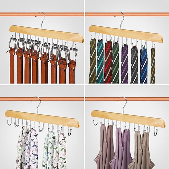 Solid Wood Belt Hanger for Closet, 14 Hooks Belt Organizer Space Saver, 360° Rotating Belt Holder Tie Rack for Men Women Dorm Bra Purse Scarf Tank Top Storage Accessories (Beige)