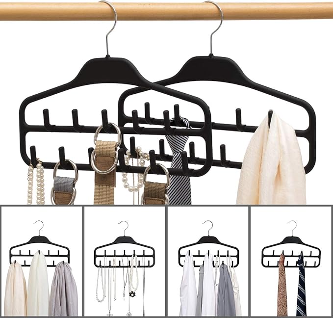 Belt Hanger Rack Holder 2 Pack, Sturdy Organizer with 360 Degree Swivel, 11 Large Hooks for Closet, Non Slip Rubberized Storage, Black, 14 x 0.39 x 11 Inch