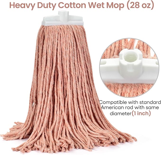 Matthew Cleaning Screw-on Heavy Duty Cotton Wet Mop Replacement Heads(Orange, Large,6 Pack) with 2 Pack Microfiber Cloth for Residential & Commercial Floor Cleaning Use- Fit Standard American Screw