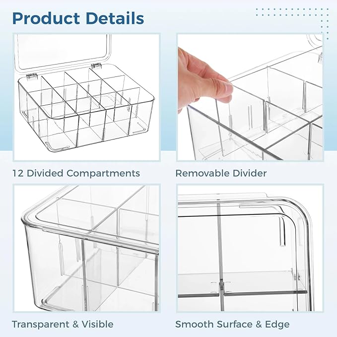 Varku Tie Organizer Box, 12-Cell Clear Tie Rack Organizer, Stackable Tie Display Rack, Drawer Closet Storage Bin with Lid, Storage Box for Ties (12 Grids)