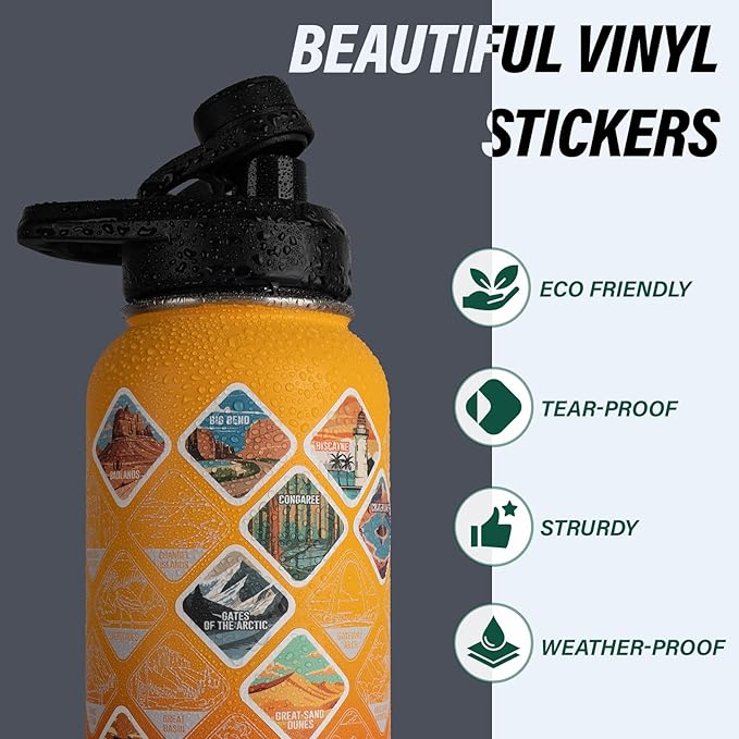 National Parks Water Bottle – 32 oz Insulated Stainless Steel Bottle with 63 Hand-Drawn Park Stickers, Carrier Bag, Strap & Gift Box – BPA-Free – Ideal for Hiking, Camping & Travel