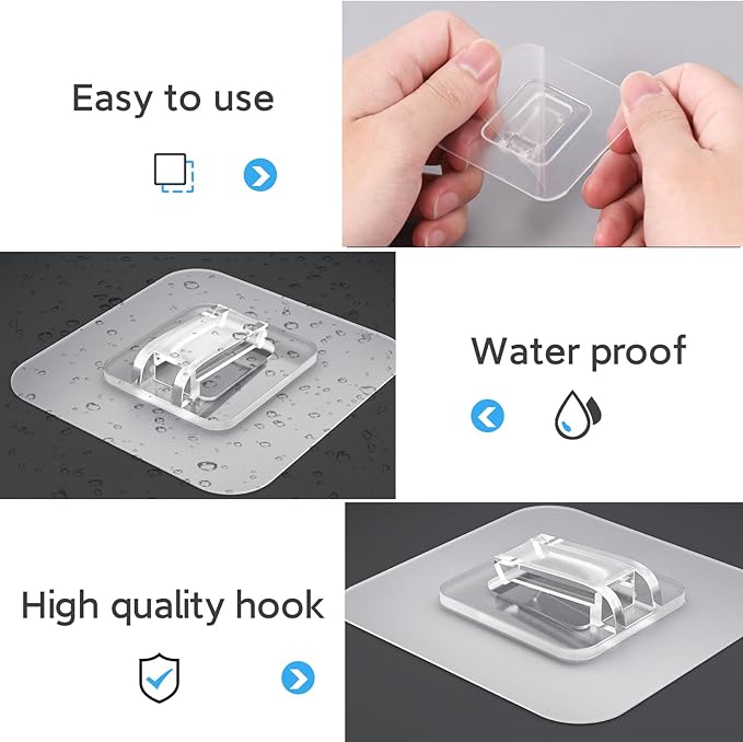 Lsnisni 10 Pack Shower Caddy Adhesive Replacement, Waterproof Shower Shelf Adhesive Strips, Strong Adhesive Flat Hooks for Bathroom Storage Shelves and Kitchen Racks No Drilling, Clear