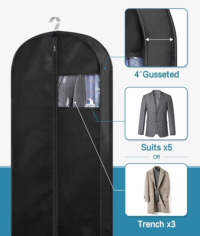 KIMBORA 43" Suit Bags for Closet Storage and Travel, Gusseted Mesh Hanging Garment Bags for Men Suit Cover with Handle for Clothes, Coats, Jackets, Shirts（3 Packs，Black）
