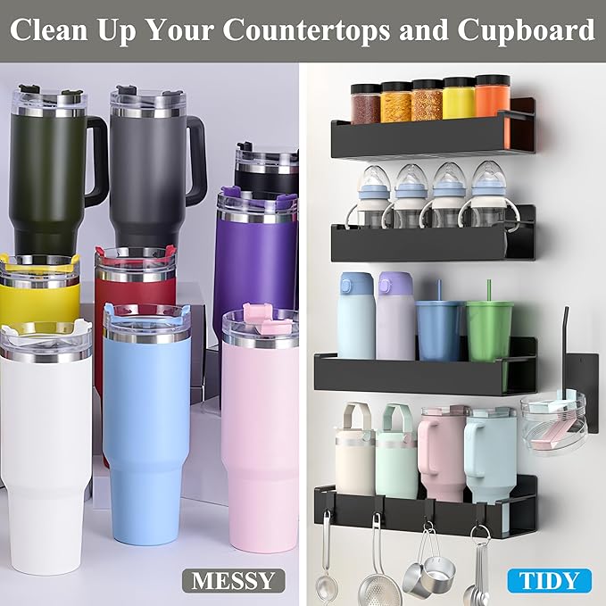 Magnetic Water Bottle Holder for Refrigerator, Cup Holder Organizer for Stanley and Tumbler for Kitchen, 4 Pack, Black