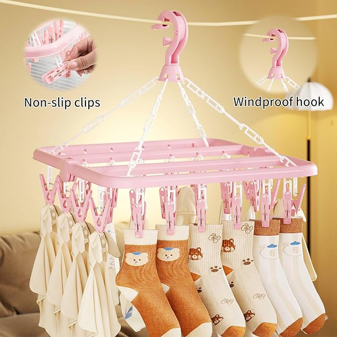 Clothes Drying Rack with 32 Clips, Foldable Hanging Rack, 360° Rotatable Hook for Drying Socks Baby Clothes Towels Gloves(Light Green)