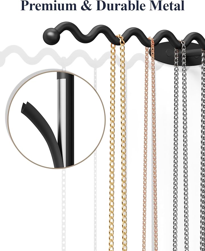 NiHome Wall Mounted Metal Jewelry Organizer Racks for Necklaces, Earrings, Bracelets, Rings, Decorative Display Wave Design Storage Holders for Bedroom, Bathroom, Kitchen, Entryway (2-Pack, Black)