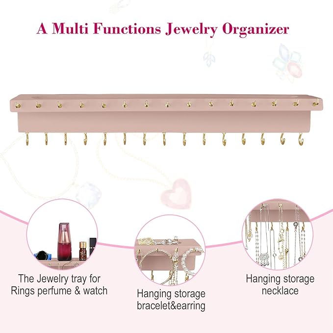 Necklace Holder, Upgraded Extra Large Wall Necklace Organizer with 30 Hooks Wall Mounted Necklace Hanger with Jewelry Tray/Cosmetics Shelf Rustic Pine Wood Holder (Pink)