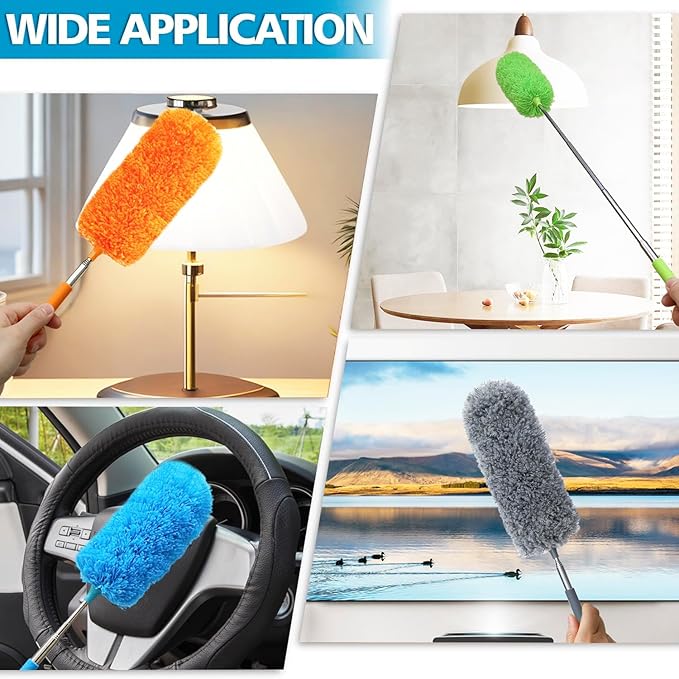 4 Pack Small Washable Microfiber Feather Duster, 13" to 30" Extendable Pole, Microfiber Head, Cleaning Tool for Office, Car, Computer, Furniture, Sofa (Orange/Blue/Green/Gray)