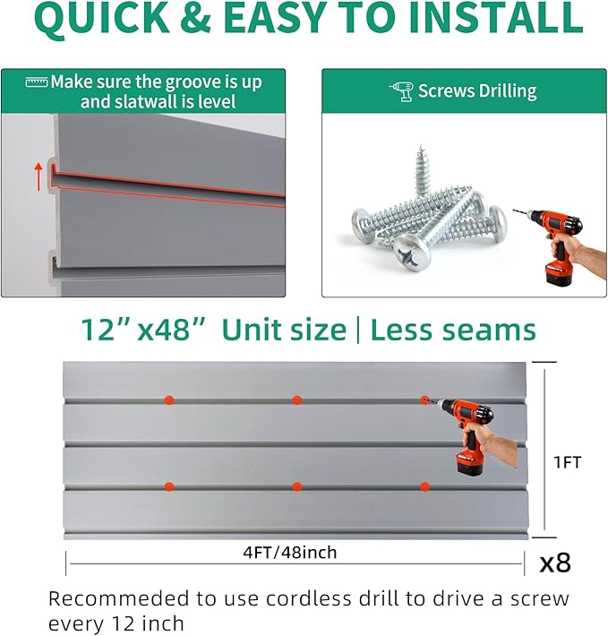 Slatwall Panels 4'x8' Garage Slat Wall Storage Systems with 26 Slatwall Accessories, PVC Grey Slat Wall Paneling for Retail Display, Garage Storage, Guitar Shop, Home Storage