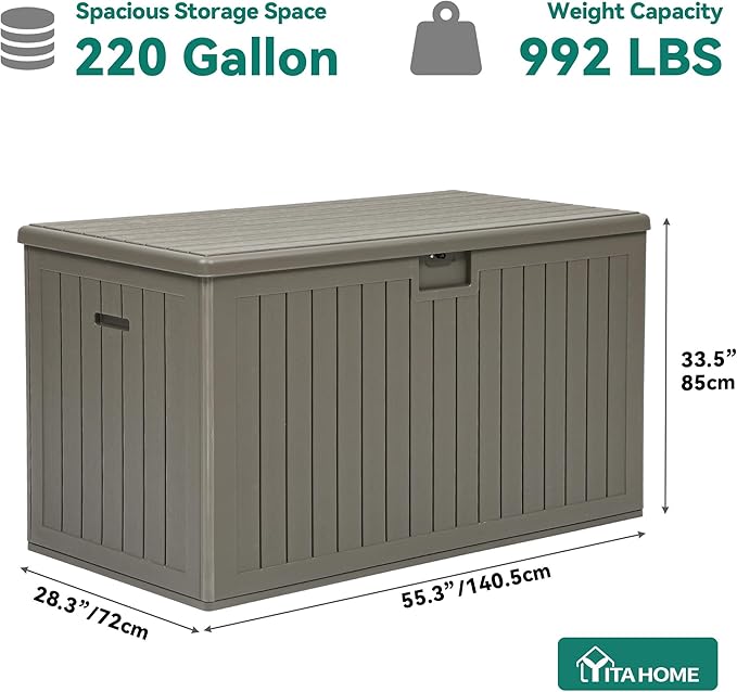 YITAHOME 220 Gallon Extra Large Deck Box, Double-Wall Resin Outdoor Storage Box with Flexible Divider for Patio Cushions Pool Supplies Garden Tools, 990 lbs Load Capacity, Lockable (Light Brown)