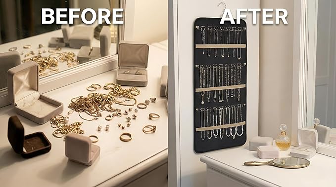 Hanging Jewelry Organizer - Dual-Sided Necklace Holder Wall Mount & Over The Door Closet Storage - Pockets Large Capacity Accessory Holder for Earrings, Rings,Bracelets - 360° Rotating (1, black, XL)