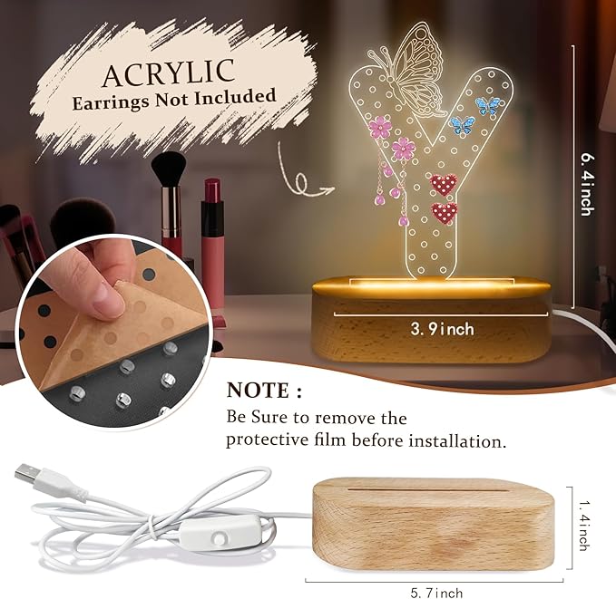 COSHAYSOO Earring Holder Organizer for Teen Girls with Butterfly Decorations LED Night Light USB Plug In, Initial Letter Earring Rack Vanity Dresser Table Accessories Letter Y