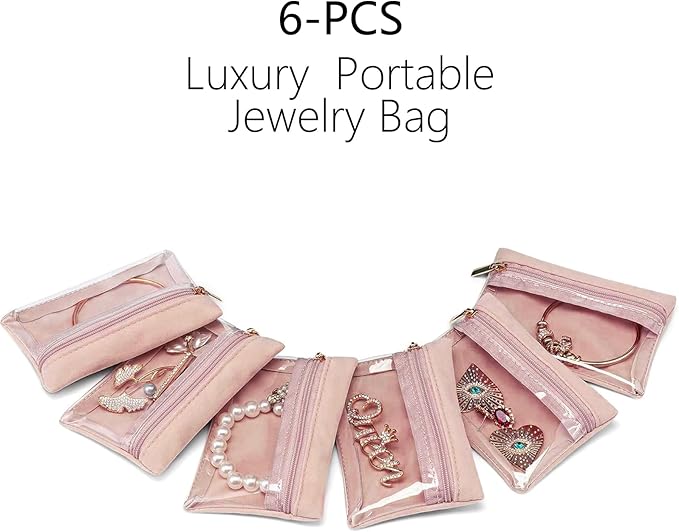 Small Travel Jewelry Pouches, 6PCS Clear Jewelry Organizer Bags with Soft Velvet and Zipper, Pocket Storage Bag Case Purse Organizer for Women Girl Gift
