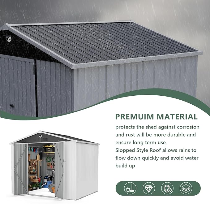 Metal Storage Shed,10x8 Outdoor Storage Building,Large Backyard Sheds with Lockable Doors,Waterproof Outside Storage Sheds，White