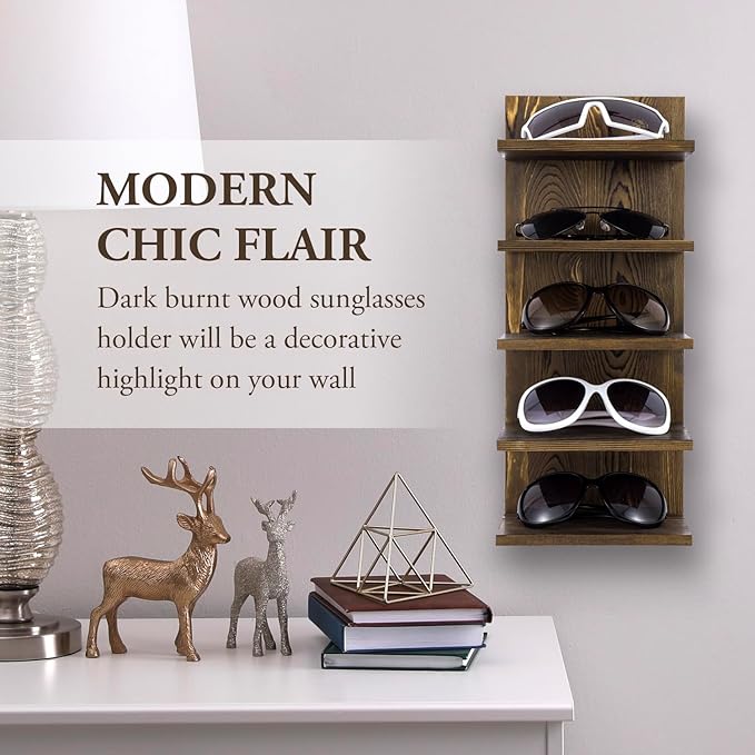 MyGift 5 Tier Rustic Burnt Solid Wood Sunglasses Holder Rack, Wall Mounted Eye Glasses Shelf or Tabletop Display Stand, Retail Eyewear Showcase Storage Organizer