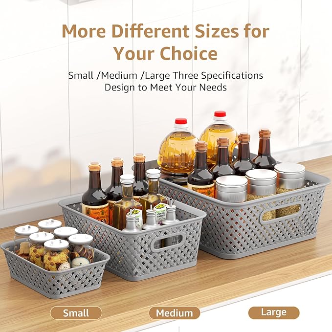 MaxGear Organization and Storage 3 Packs, Plastic Bins Organizer Bins, Woven Baskets for Storage, Plastic Baskets with Handles, Grey Basket for Organizing, Basket Organizer for Home and Office, Medium