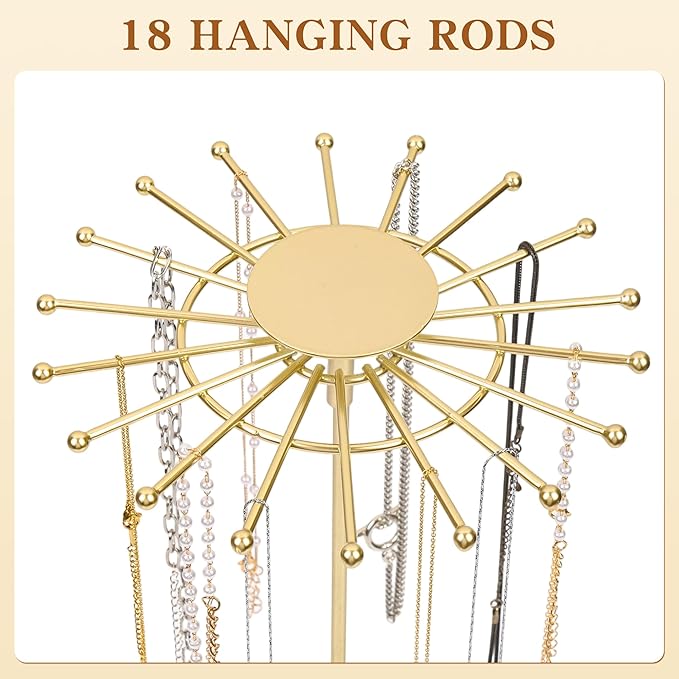 AmaQueen Rotating Necklace Hanger Organizer Tree with Jewelry Tray, Gold Spinning Necklace Chain Display Holder Stand Storage (Golden)