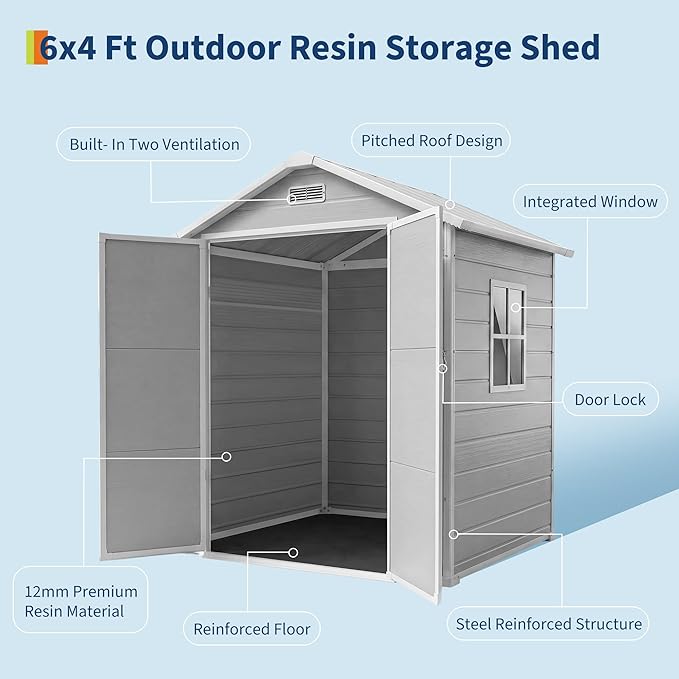 6x4 FT Outdoor Storage Shed with Floor, Plastic Resin Garden Shed with Window & Sloping Roof & Lockable Door for Patio Backyard Garden, Lawn Mower, Bike, Tool Storage