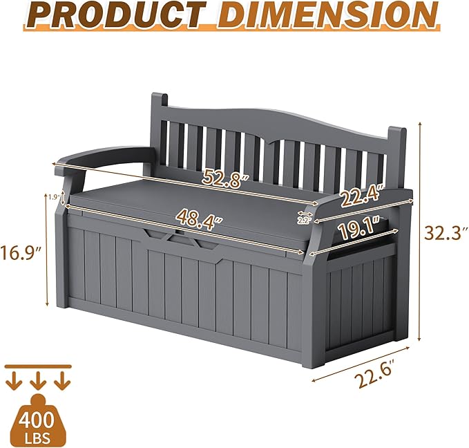 Devoko 80 Gallon Storage Bench with Cushion, Lockable Deck Box for Patio Furniture, Garden Decor and Outdoor Seating for Cushions, Garden Tools and Pool Supplies (Grey, 80 Gallon with Cushion)