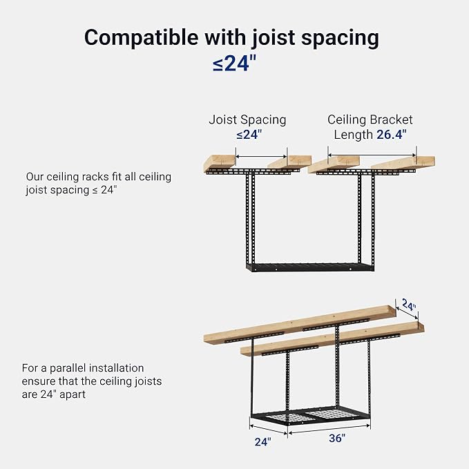 FLEXIMOUNTS 2x3 Overhead Garage Storage Rack, Adjustable Organization System, Heavy-Duty Metal Ceiling Racks, 155lbs Weight Capacity, Black, Classic Series