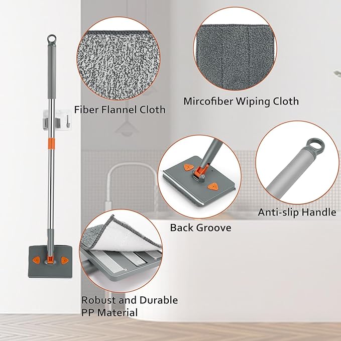 Base Board Cleaner Tool with Handle,360°Rotating Wall Cleaner Mop,180° Folding Ceiling Tool Duster with Squeegee for Cleaning Wall, Ceiling, Window,Floor,8 Replacement Cleaning Pads