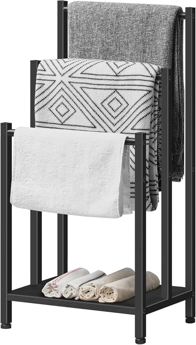 HOOBRO Free Standing Towel Rack, 3 Tier Blanket Rack, Blanket Holder for Bathroom, 16.9" L x 11" W x 31.9" H, Industrial Metal Drying and Display Rack with Shelf, Black BB03LB01