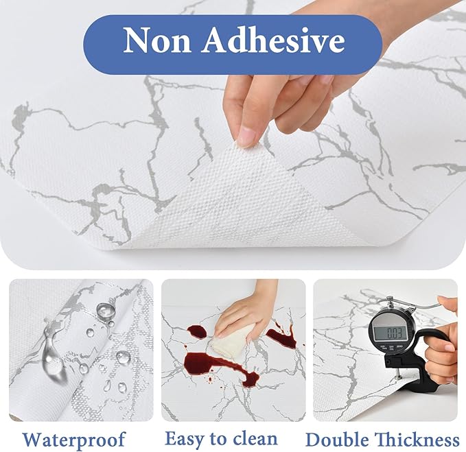 Drawer and Shelf Liner for Kitchen Cabinet: 12 in X 20 Ft Non Slip Waterproof Shelf Paper Non Adhesive Refrigerator Liners Silver Marble Easy Liners for Bathroom with Knife Tape Measure