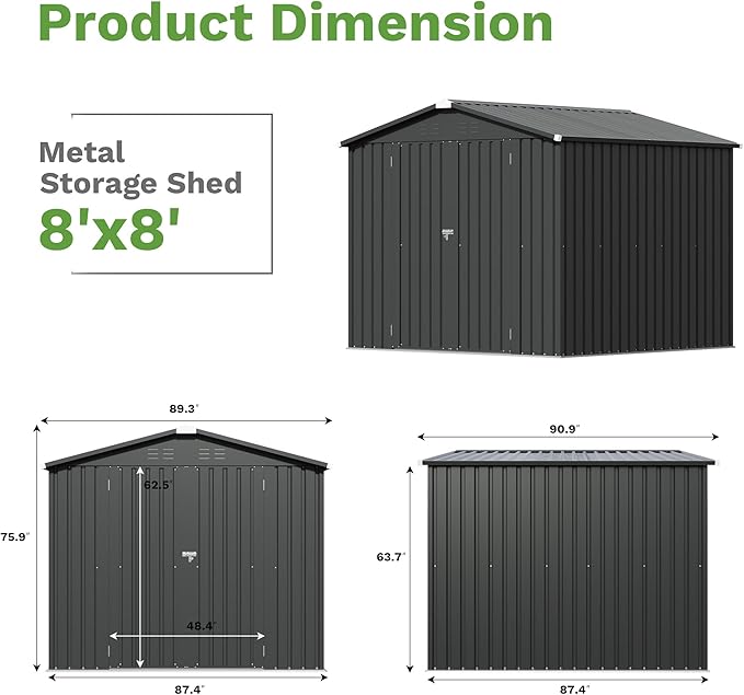 Patiowell 8x8 FT Outdoor Storage Shed, Heavy Duty Tool Metal Sheds with Lockable Doors and Updated Frame Structure for Backyard Patio Lawn, Black