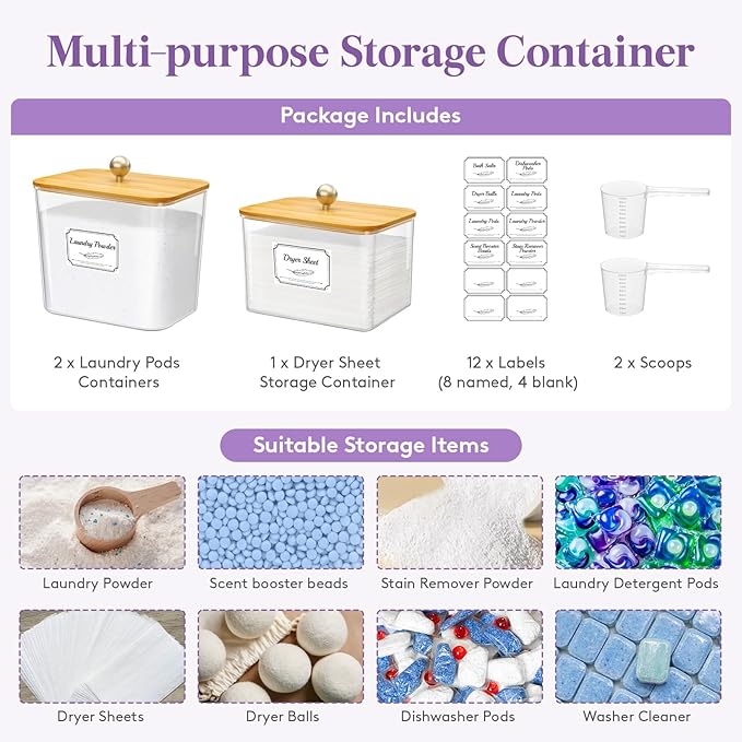 Lifewit Large Laundry Pods Container& Dryer Sheet Holder, Laundry Storage Containers, Laundry Room Organization Storage Jars for Powder, Scent Booster Beads,Bamboo Lid,0.53+0.7 gal,3 Pcs
