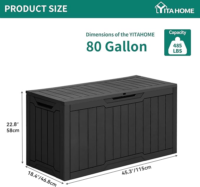 YITAHOME 80 Gallon Resin Deck Box, Weather Resistant Outdoor Storage Box, Lockable Indoor Outdoor Storage for Supplies and Essentials, Black