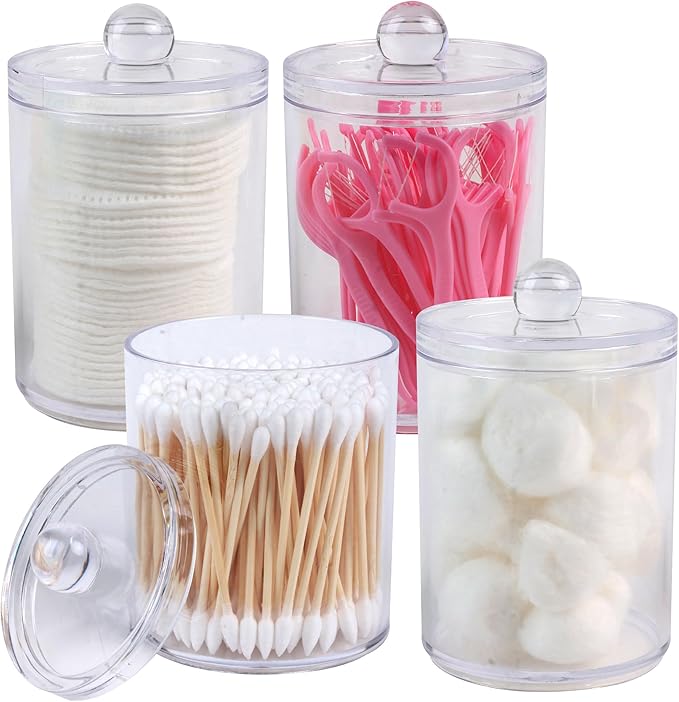 4 Pack Acrylic Qtip Holder Dispenser,Canisters Apothecary Jar Set, Vanity Makeup Storage Organizer Set,10 oz