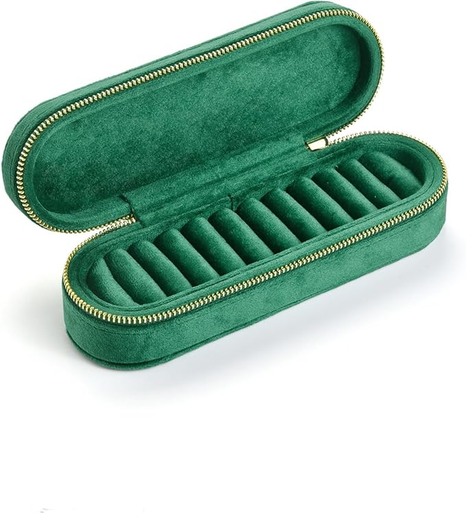 Velvet Ring Earrings Storage Box with 11 Slots, Ear Stud Holder, Zipper Closure Jewelry Organizer (Green)