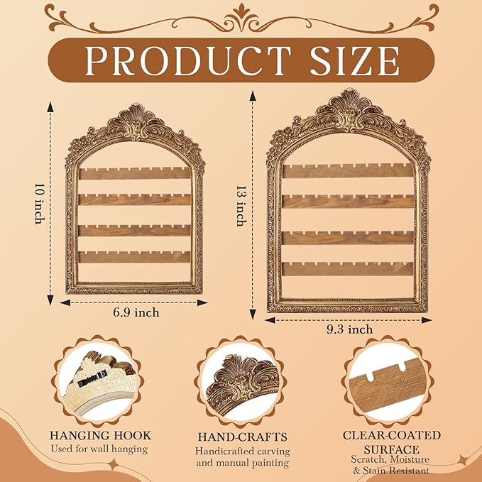 2 Pcs Wall Hanging Earring holder Organizers Vintage Arched Frame 4 Layer Wall Mounted Jewelry Holder Decorative Retro Baroque Stud Earring Display Gift (Gold,10 x 6.9'' & 13 x 9.3'')