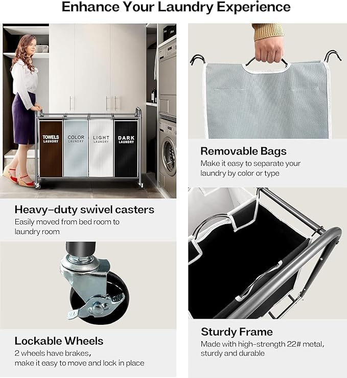 ROMOON Laundry Hamper Sorter Cart: 4-Section Organizer with Heavy-Duty Lockable Wheels and Removable Bags | 172L Rolling Laundry Basket for Dirty Clothes in Laundry Room or Small Spaces (Multicolor)