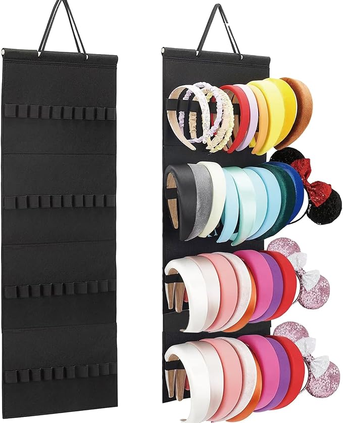 Hanging Headband Holder Organizer with 40 Elastic Loops Display Rack Wall Mounted for Home Women, Pink