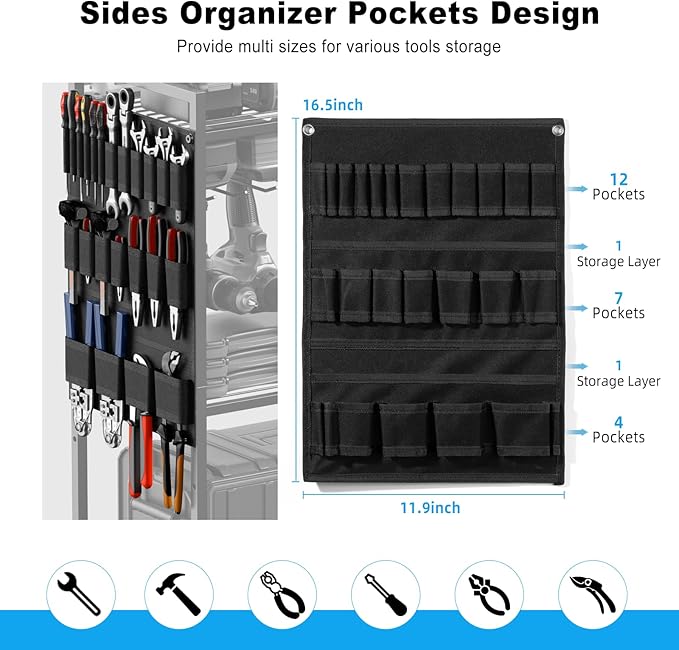 JUNNUJ Large Power Tool Organizer Cart with Charging Station, Garage Floor Standing Rolling Drill and Tools Battery Storage Cart on Wheels, Heavy Duty Rack Shelf with 8 Outlet 10 FT Power Strip, Black