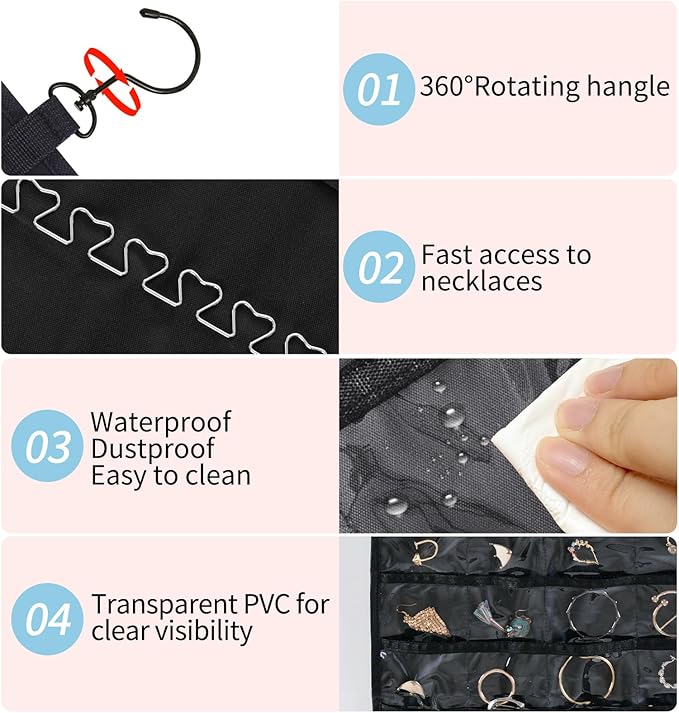 Bloss Hanging Jewelry Organizer with 48 Pockets, Double-Size Hanging Jewelry Holder with Hanger Hooks, Jewelry Organizers and Storage for Earrings, Necklaces and Rings.(All Black)
