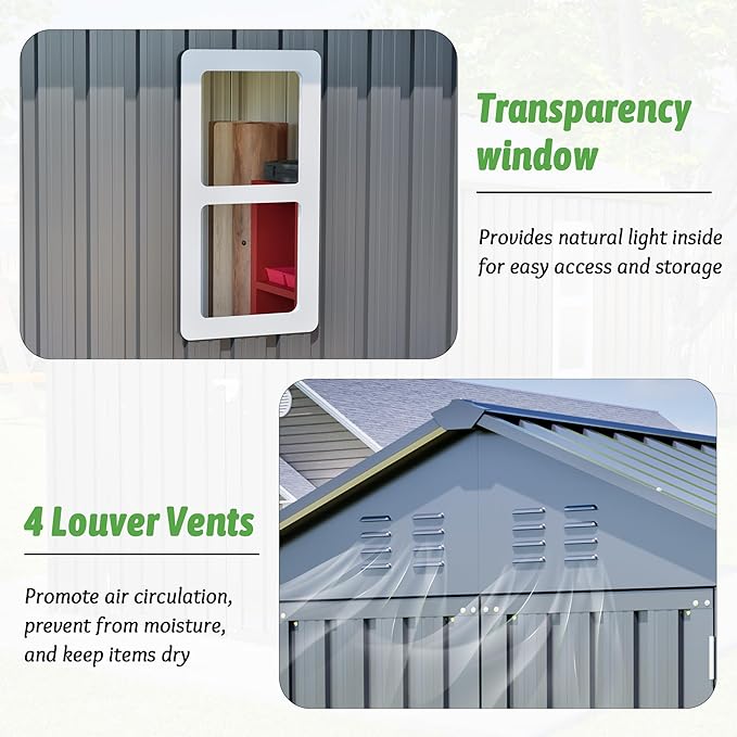 6x6 FT Outdoor Storage Shed with Lockable Doors & Sloping Roof & Clear Window, Galvanized Steel Metal Garden Tool Shed for Backyard, Patio, Poolside