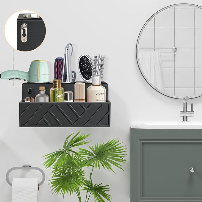Unistyle Hair Tool Organizer, Wall Mounted, Bathroom Countertop, Vanity Organizer, Black, Wooden, Rectangular, Rustic, Art, 7.1 x 5.3 x 5.3 Inches, Paulownia Wood & Stainless Steel, 1.87 Pounds