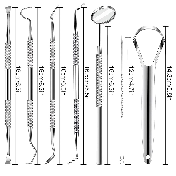 7pcs Dental Tools, Dental Pick Teeth Cleaning Tools Hygiene Kit, Professional Stainless Steel Tooth Scraper Plaque Tartar Cleaner - with Case, Personal Using, Pets - Teeth Cleaning Kit