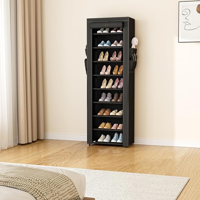 Narrow Shoe Rack with Cover 10 Tier Tall Shoe Rack Organizer Large Capacity Shoe Shelf Storage 18-22 Pairs Space Saving Free Standing Shoe Storage Organizer for Closet, Entryway, Dorm, Black