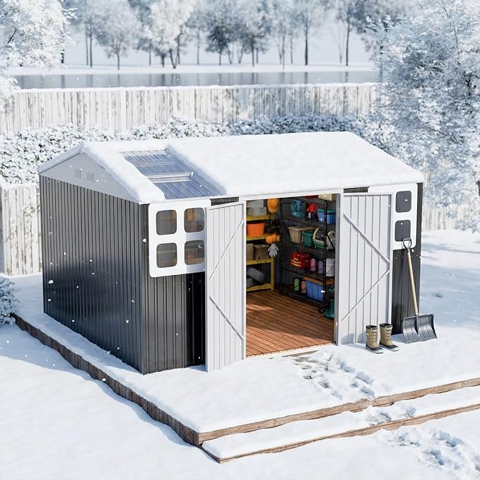 12x10 FT Outdoor Metal Shed,Unique Clear Roof Windows Lockable Double Door Air Vent,Heavy Duty Reinforced Frame Waterproof Sheds for Garden Storage Large Lawnmower Tool,Dark Grey