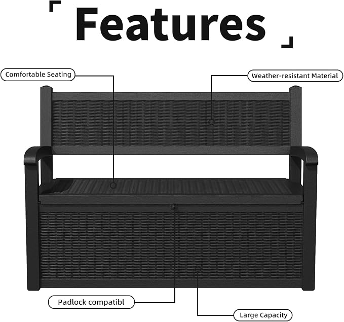 EasyUp 80 Gallon Outdoor Storage Bench Lockable Deck Box Outdoor Storage Box Waterproof for Patio,Garden,and Porch – Perfect for Storing Garden Tools and Cushions(Black)