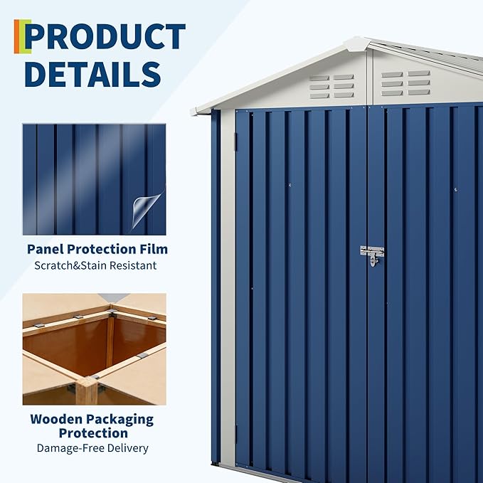 6x4 FT Outdoor Storage Shed, Garden Tool Storage Shed with Sloping Roof and Double Lockable Door, Outdoor Sheds with Panel Protection for Backyard Garden Patio Lawn,Navy Blue