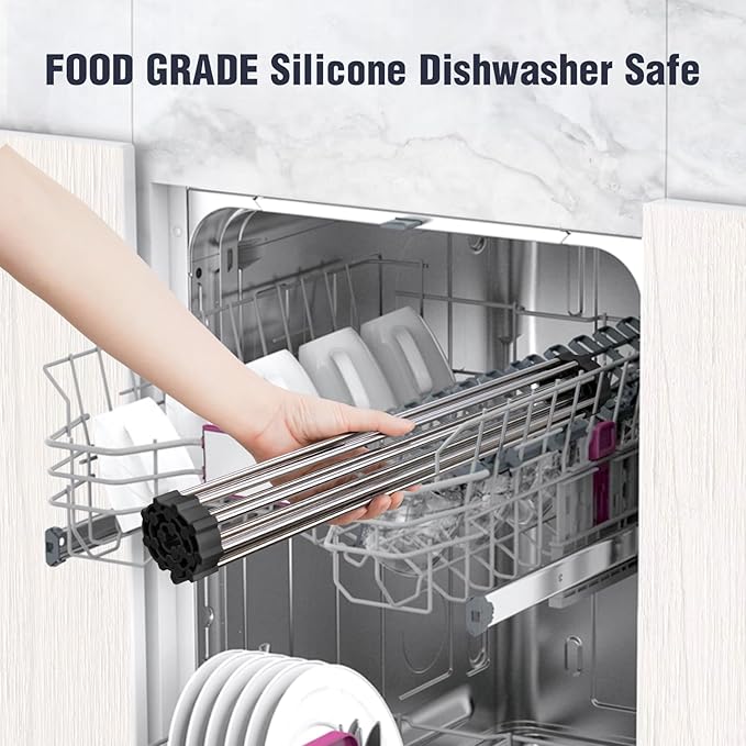 Tomorotec 17.7" x 12.5" Roll Up Dish Drying Rack Over Sink Drying Rack Sink Cover Kitchen Sink Accessories Gadget Multipurpose Organizer Foldable Stainless Steel Drainer